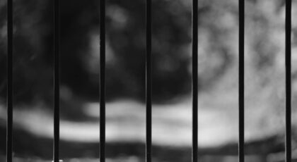 Artistic close-up of an iron fence with blurred background, emphasizing structure and contrast.
