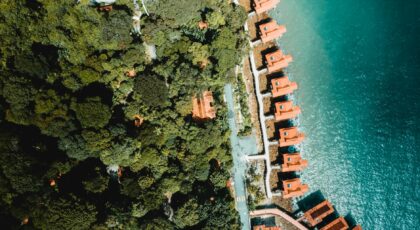 Stunning aerial view showcasing coastal villas alongside lush green forest and blue ocean.