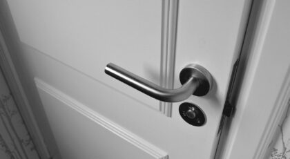Close-up of a sleek steel door handle on a white door, showcasing modern interior design in monochrome.