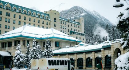 Majestic snowy resort with mountain views in winter. Ideal for winter getaways and scenic retreats.