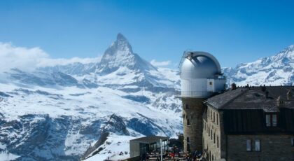 Snow-capped Matterhorn viewed from 3100 Kulmhotel Gornergrat under a clear blue sky.