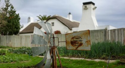 Charming vintage farm garden featuring a rustic windmill and quaint house, ideal for country life imagery.