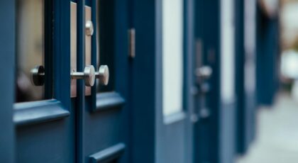 Detailed photo showcasing modern blue wooden doors with metallic handles.
