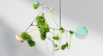Abstract art installation featuring moss and futuristic design elements, highlighting balance and growth.