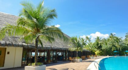 Explore a luxury resort with palm trees and a stunning pool in the Maldives, perfect for a tropical vacation.