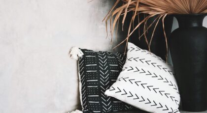Stylish minimalist decor featuring a black ceramic vase and patterned throw pillows in a Bali interior.