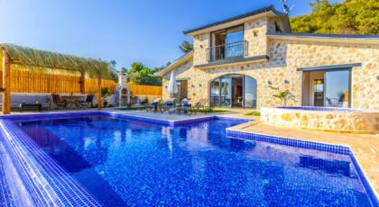 A beautiful stone villa with a stunning blue pool and lush greenery.