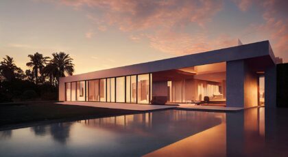 Elegant modern villa with poolside view reflecting a stunning sunset sky.