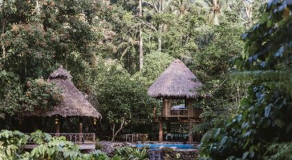 Secluded tropical villa with a pool nestled in a lush jungle setting, perfect for relaxation.