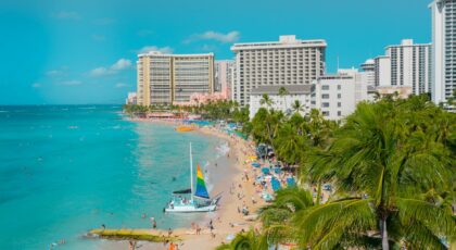 Breathtaking aerial view of Waikiki Beach, Honolulu, showcasing the vibrant tropical resort ambiance.