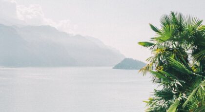 Serene view of Lake Como with palm trees and historical buildings in Lombardy, Italy.