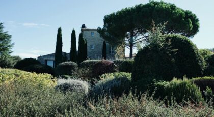 Stone house in Provence-Alpes-Côte d'Azur surrounded by lush greenery and trees under a blue sky.