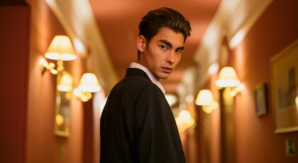 Young man in a black suit standing confidently in a warmly lit hotel corridor.