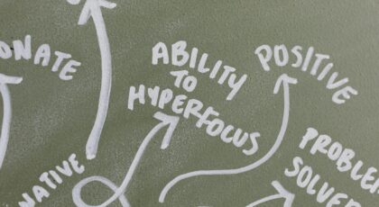 Mind map on chalkboard highlighting positive traits like hyperfocus, creativity, and problem-solving.