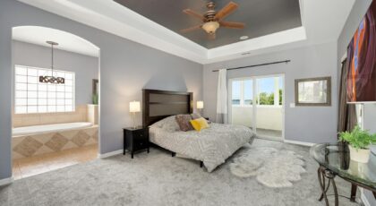 Spacious modern bedroom with stylish decor and natural light. Ideal for contemporary living.
