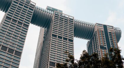 View of the futuristic architecture of Raffles City Chongqing, a prominent tourist landmark in China.