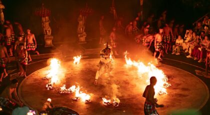 A mesmerizing nighttime Kecak fire dance performance in Uluwatu, Bali, Indonesia.