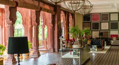 Beautifully designed hotel lobby in Bikaner, Rajasthan, showcasing elegant Indian heritage architecture and decor.
