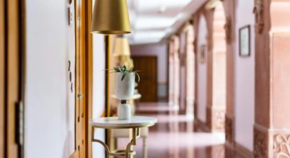 Elegant corridor of a heritage hotel in Bikaner, showcasing Indian architectural charm and luxury design.