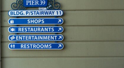 Blue directional sign at Pier 39 with options for shops, restaurants, entertainment, and restrooms.
