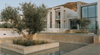 Modern luxury house exterior with glass facade, landscaped garden, and water feature.