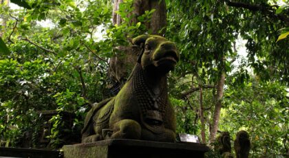 Explore the mystical moss-covered sculpture surrounded by lush vegetation in Ubud, Bali.