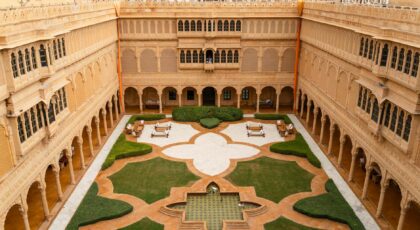 Aerial view of the elegant courtyard in Suryagarh Palace, Jaisalmer, Rajasthan.